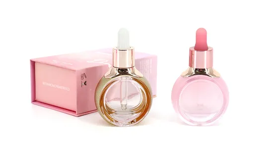 Luxury Clear Flat Cylinder Glass 30ml Pink Essential Oil Drop Serum Bottles with Dropper