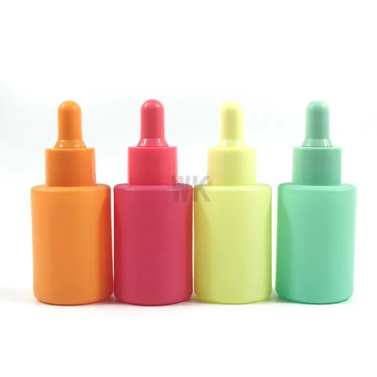 Luxury Cosmetic Bottle 30ml 1oz Flat Shoulder Essential Oil Drop Botle with Colorful Dropper 